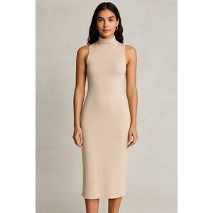 Fashion Love Womens Medium Beige Sleeveless Midi high neck tank dress minimalist